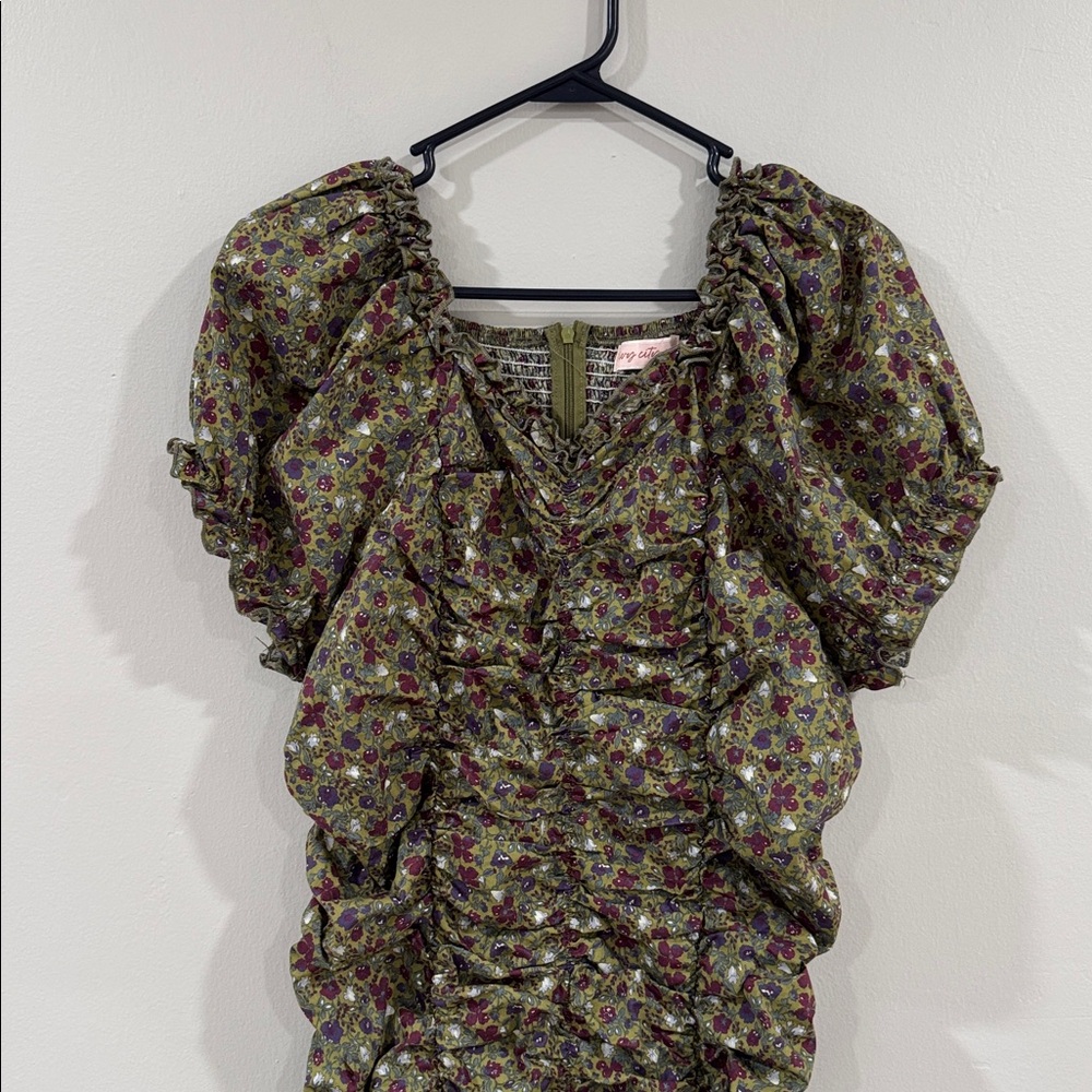 NWOT Ivy City Co Olive Floral Ruched midi Dress puff sleeve cottage cottagecore - Picture 2 of 6